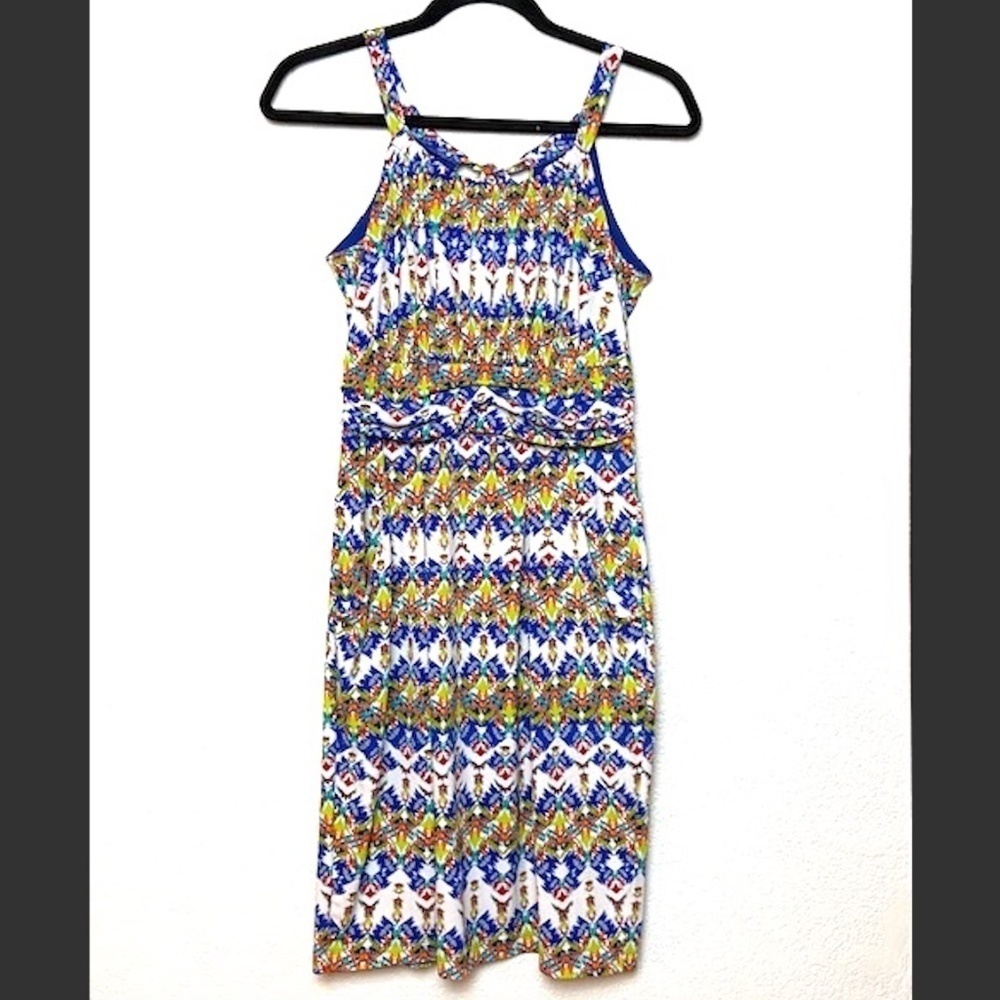 KENAR Colorful Sleeveless Tie Neck Dress w Pockets